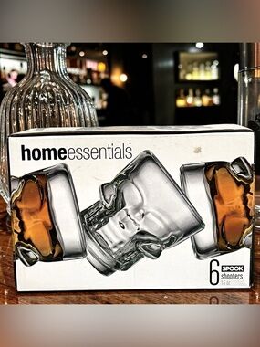 Home Essentials Skull Shot Glass Set 6 Clear Glass Spook Shooters Barware NEW